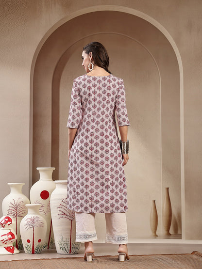 Red Floral Printed Cotton Straight Kurta