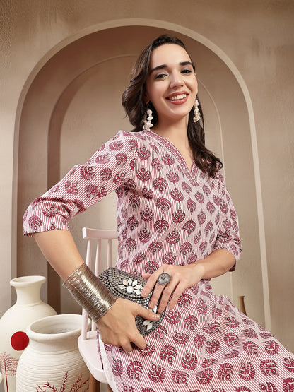 Red Floral Printed Cotton Straight Kurta