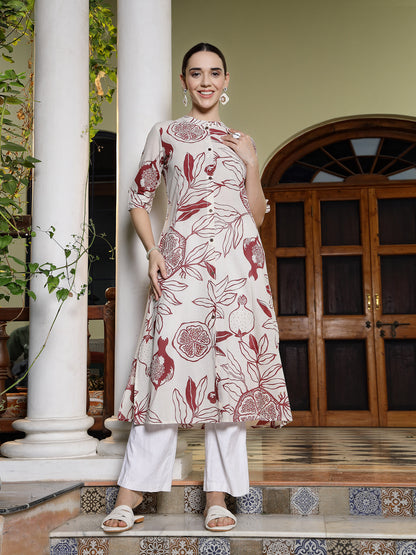 Red Botanical Printed Rayon A-Line Kurta