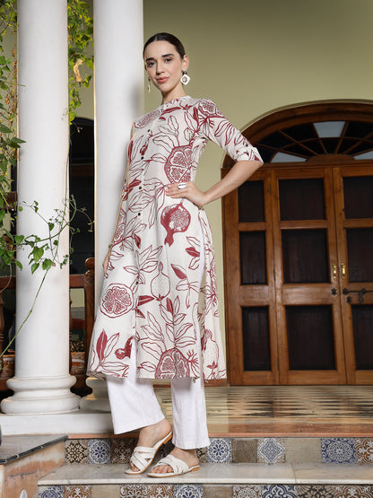 Red Botanical Printed Rayon A-Line Kurta