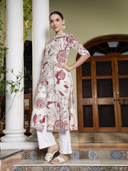 Red Botanical Printed Rayon A-Line Kurta (Pre-Order)