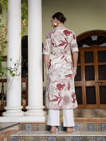 Red Botanical Printed Rayon A-Line Kurta