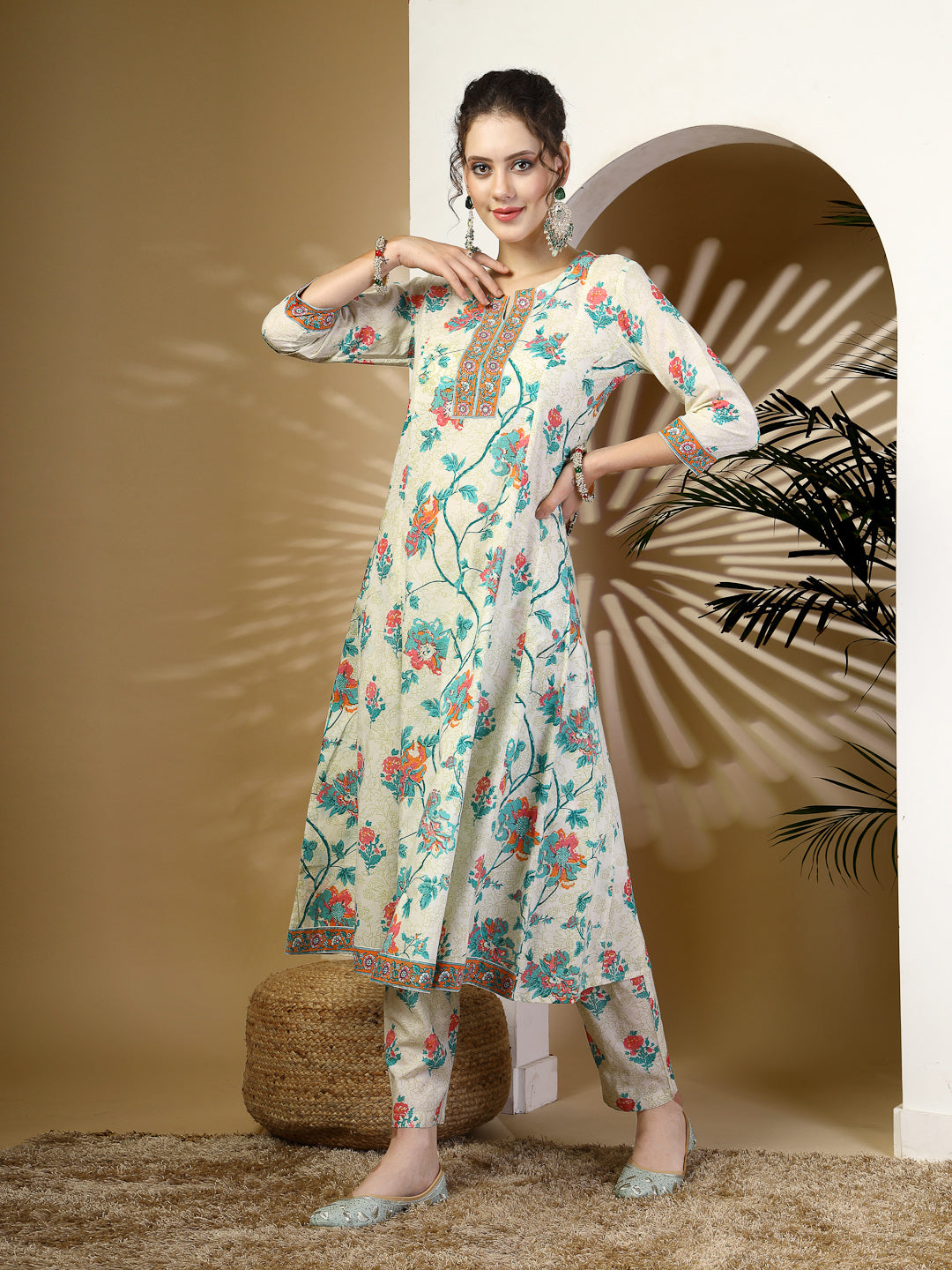 Cotton  Calf Length Printed Flared 3/4 Sleeves Round Neck Kurta, Bottom With Dupatta