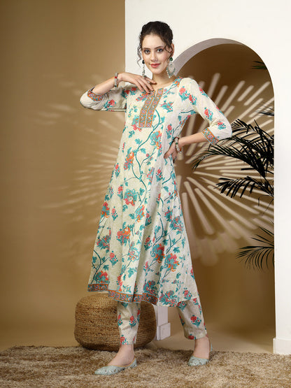 Cotton  Calf Length Printed Flared 3/4 Sleeves Round Neck Kurta, Bottom With Dupatta