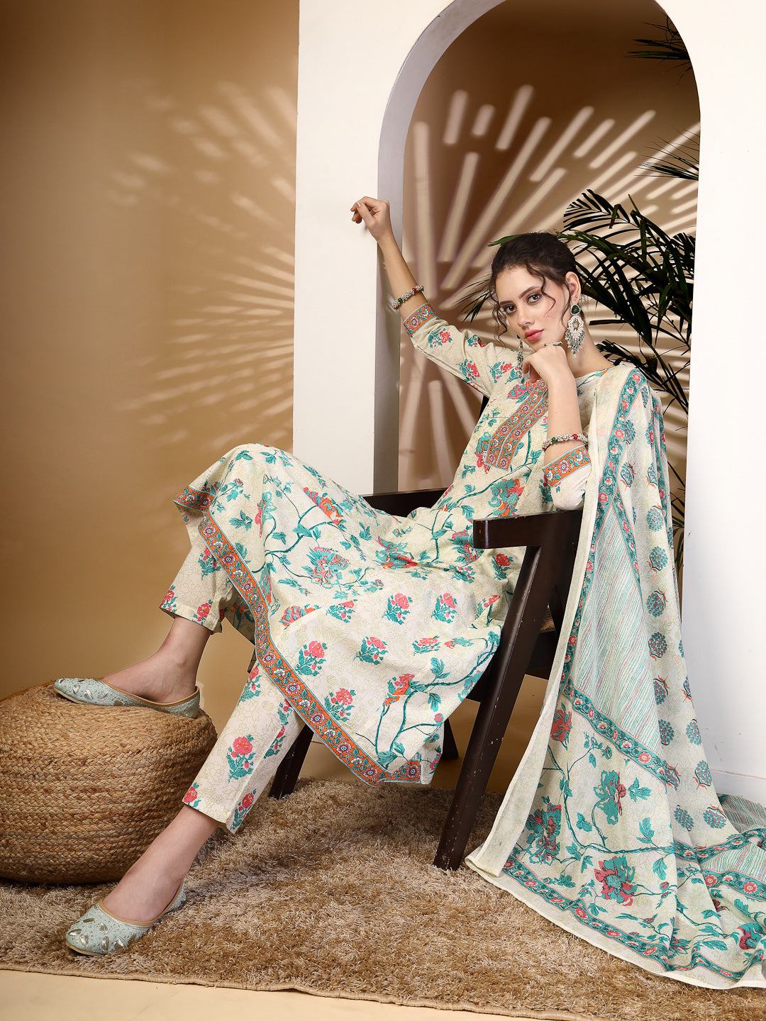 Cotton  Calf Length Printed Flared 3/4 Sleeves Round Neck Kurta, Bottom With Dupatta