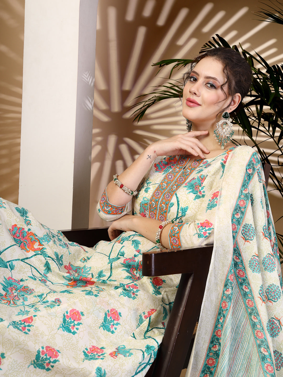 Cotton  Calf Length Printed Flared 3/4 Sleeves Round Neck Kurta, Bottom With Dupatta
