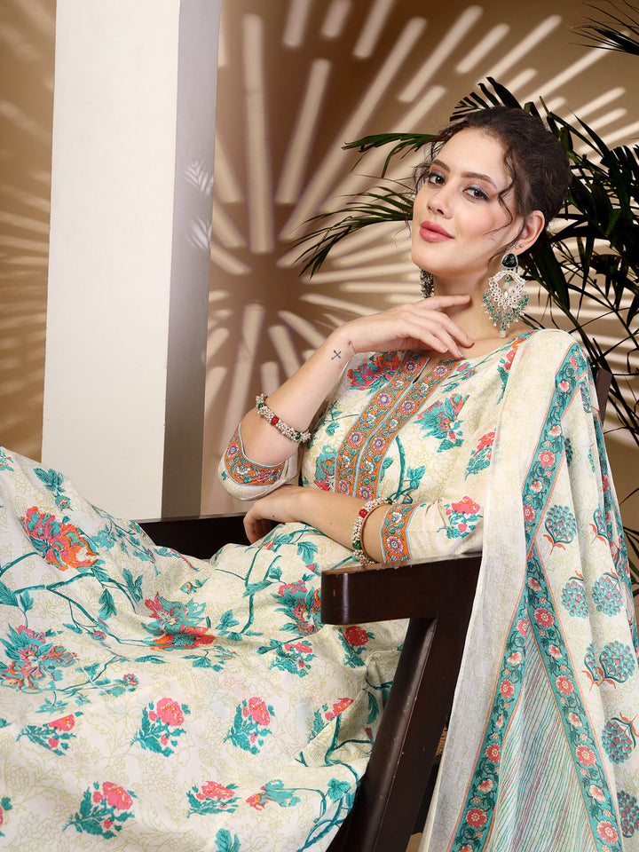 Cotton  Calf Length Printed Flared 3/4 Sleeves Round Neck Kurta, Bottom With Dupatta