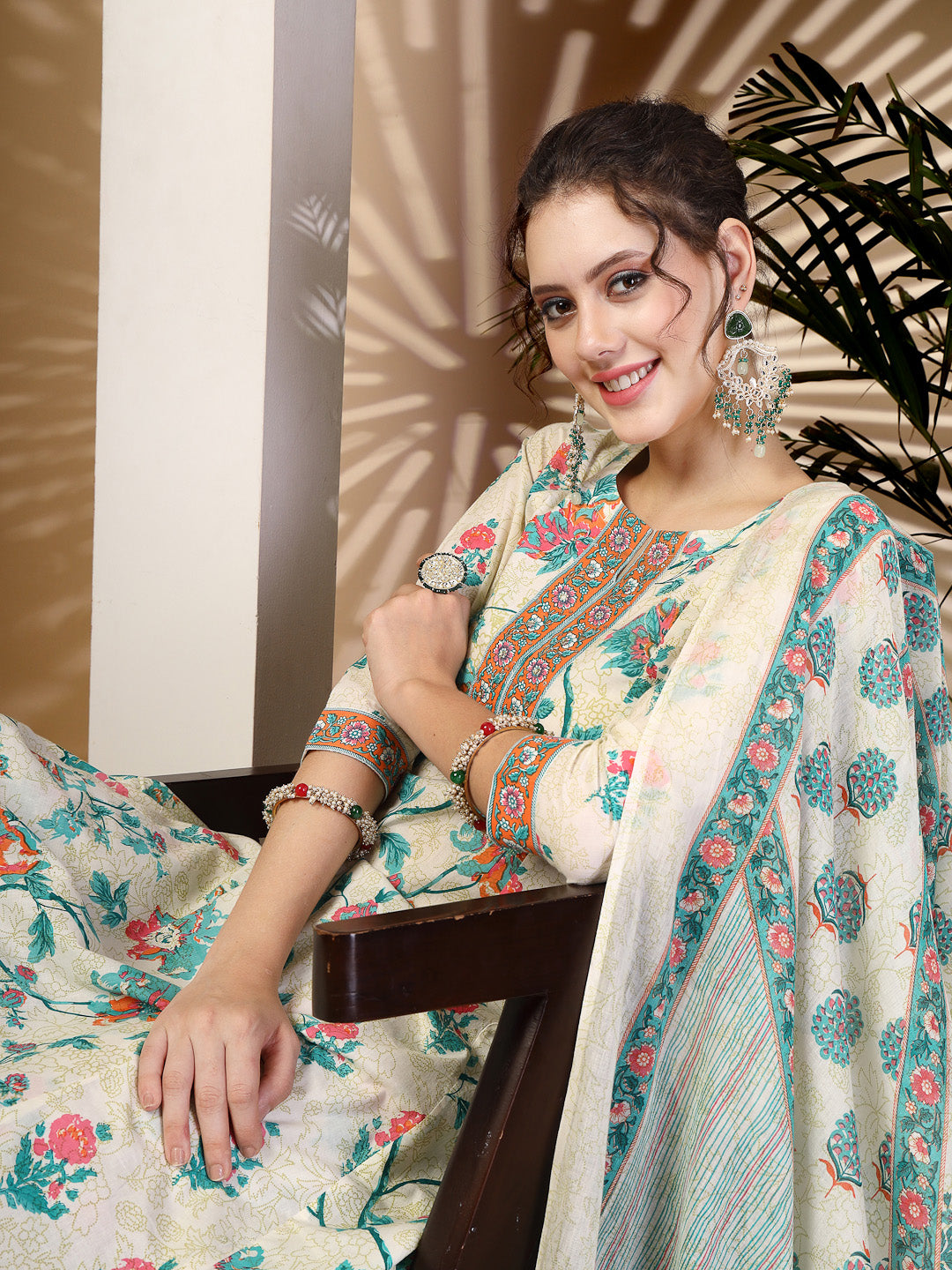 Cotton  Calf Length Printed Flared 3/4 Sleeves Round Neck Kurta, Bottom With Dupatta