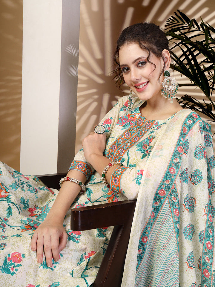 Cotton  Calf Length Printed Flared 3/4 Sleeves Round Neck Kurta, Bottom With Dupatta