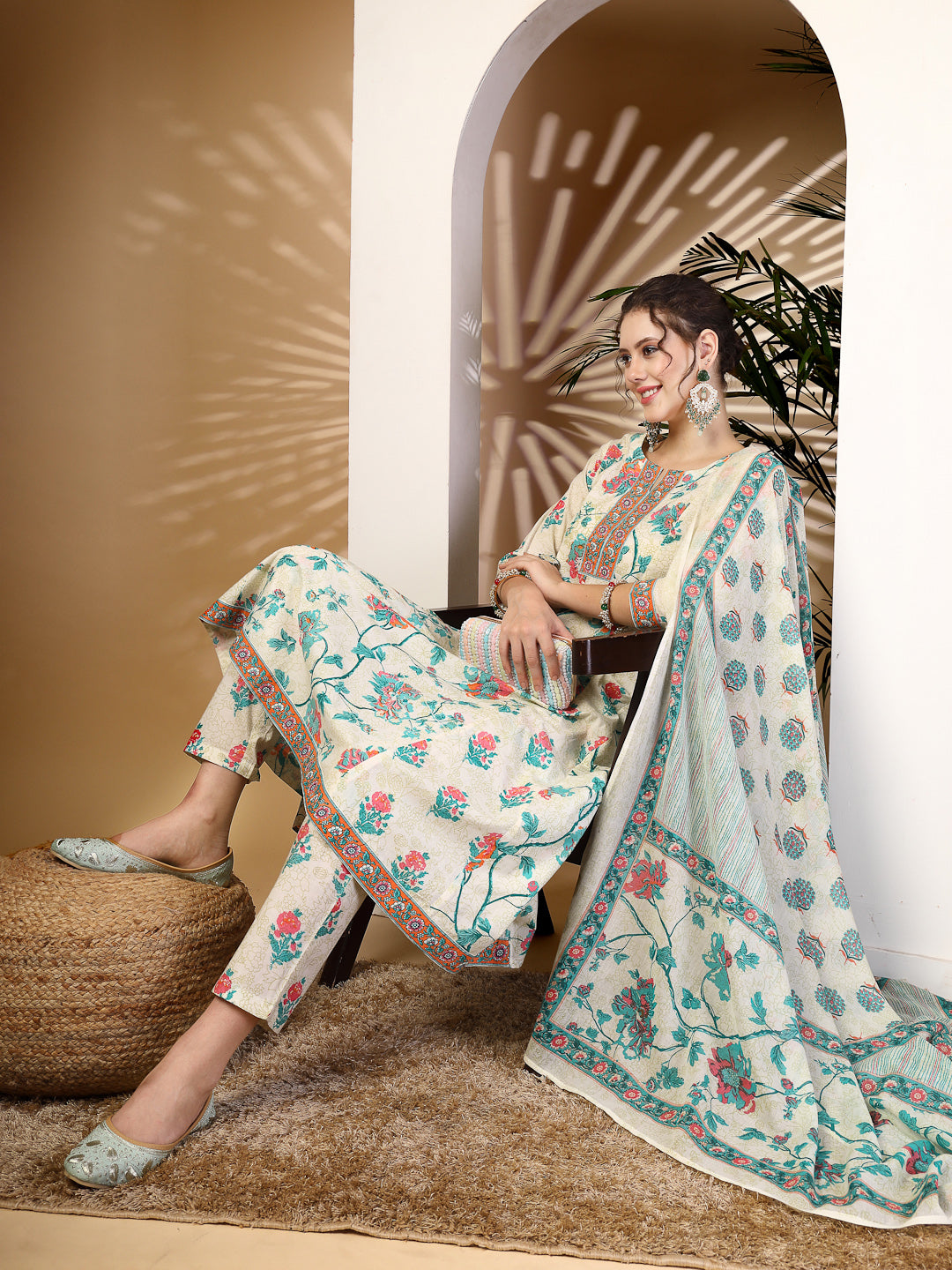 Cotton  Calf Length Printed Flared 3/4 Sleeves Round Neck Kurta, Bottom With Dupatta