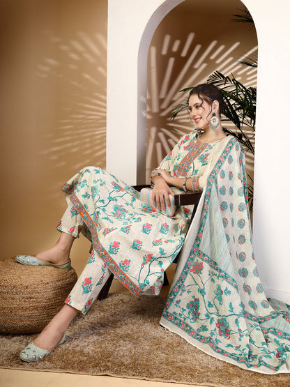 Cotton  Calf Length Printed Flared 3/4 Sleeves Round Neck Kurta, Bottom With Dupatta