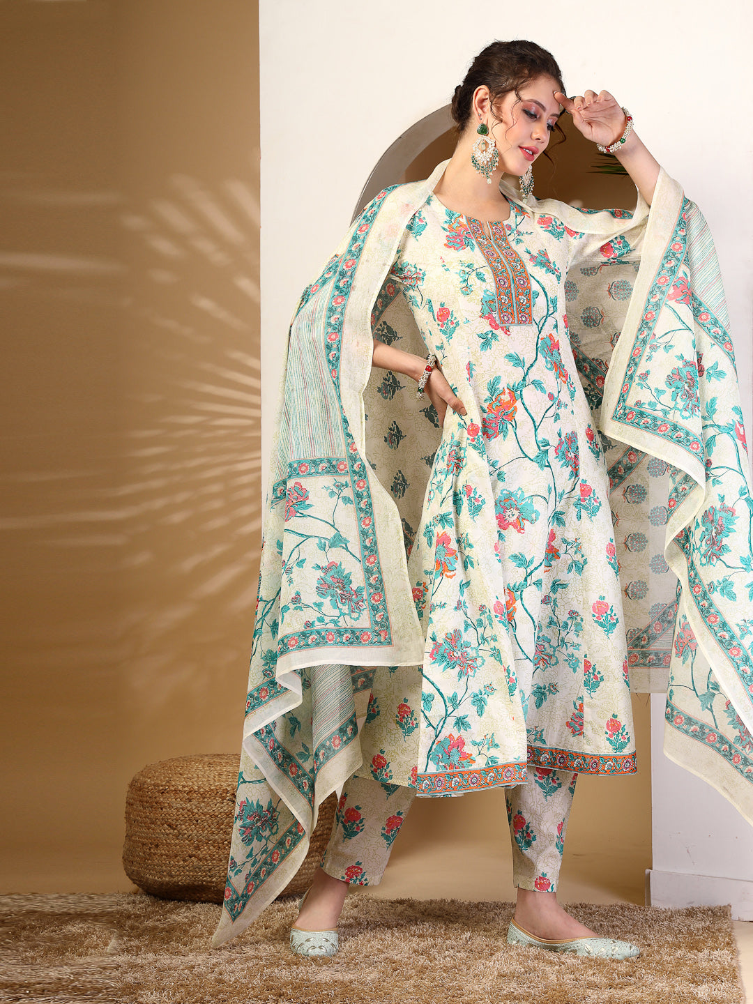 Cotton  Calf Length Printed Flared 3/4 Sleeves Round Neck Kurta, Bottom With Dupatta