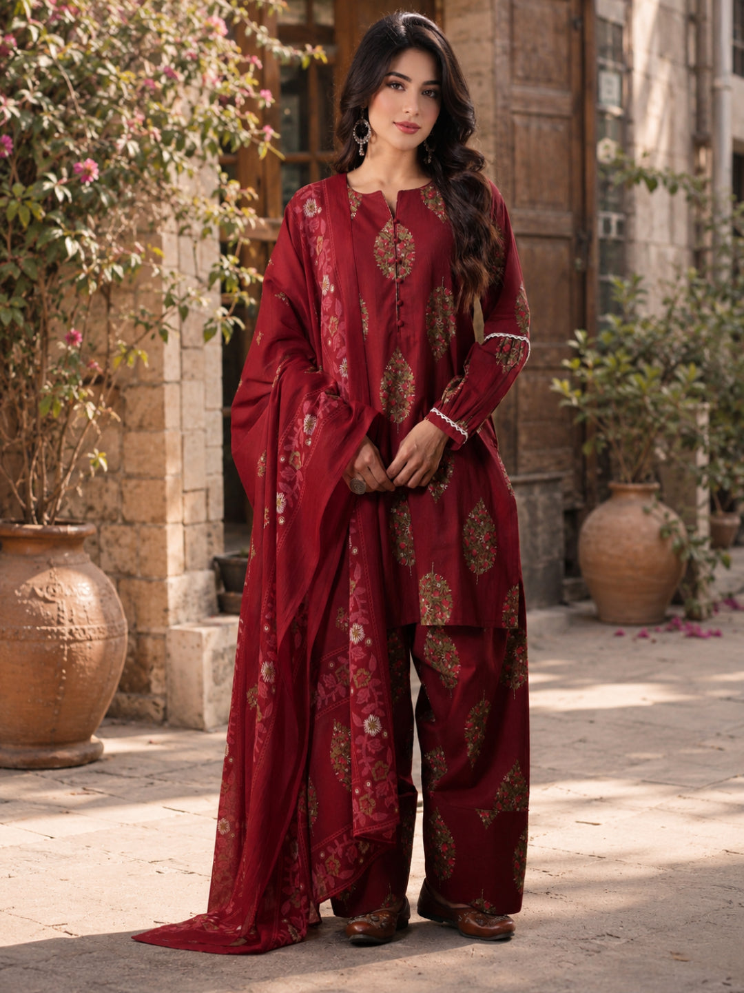 Floral Printed Round Neck Puff Sleeves Pure Cotton Farshi Kurta Set