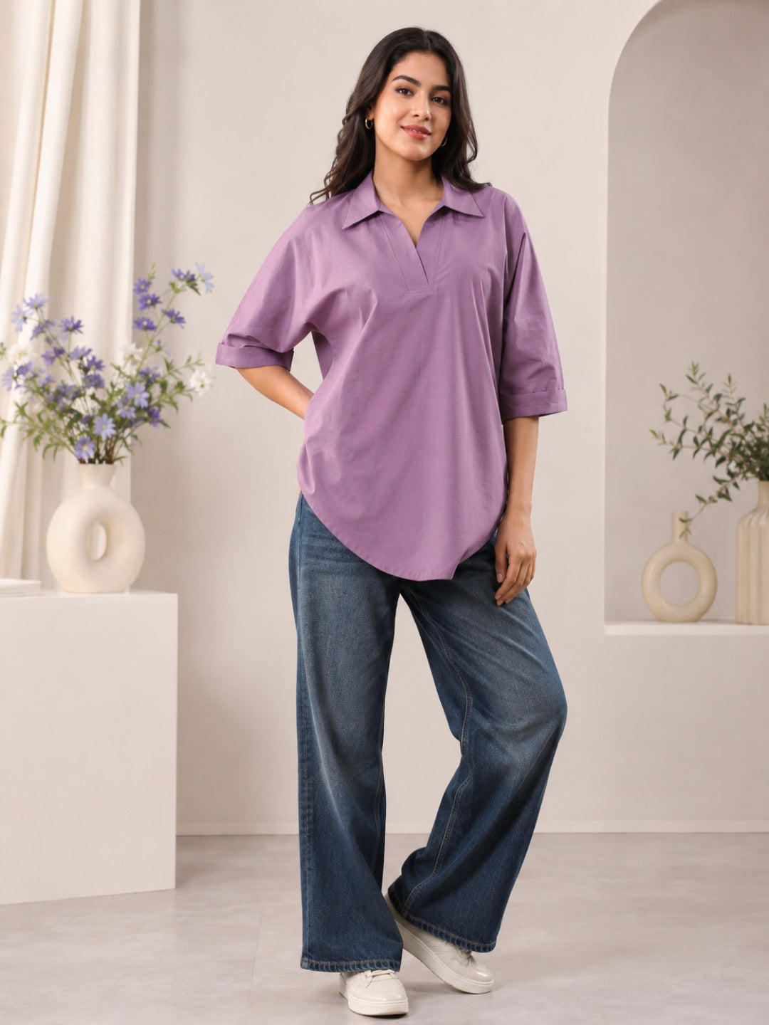 Cotton Solid Three-Quarter Sleeves Kurti