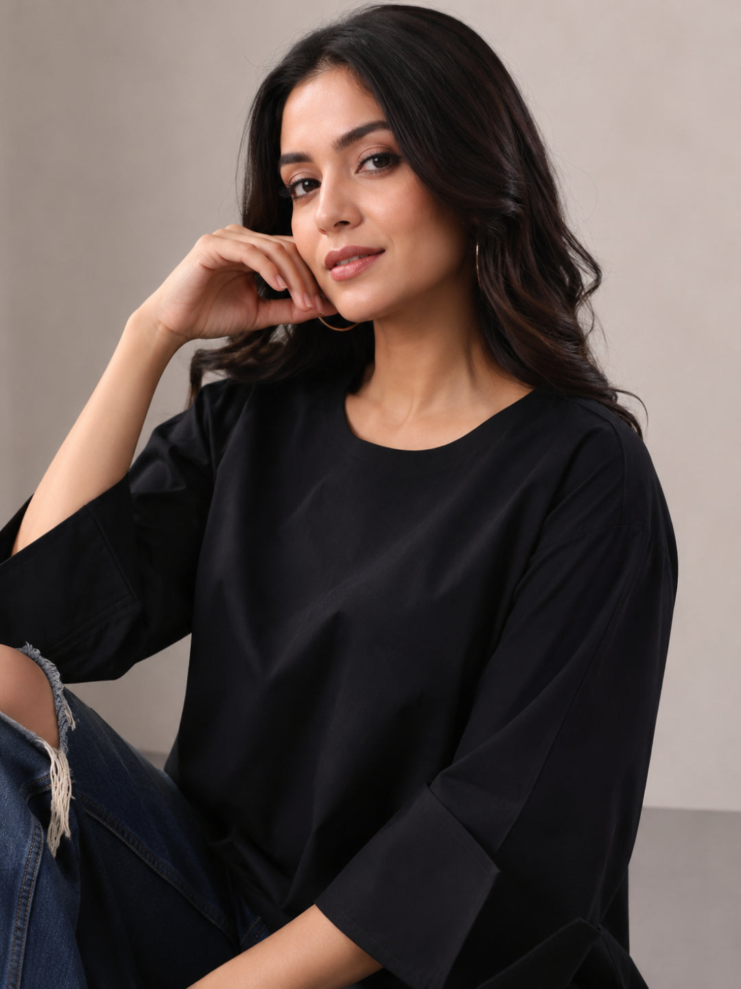 Cotton Solid Three-Quarter Sleeves Kurti