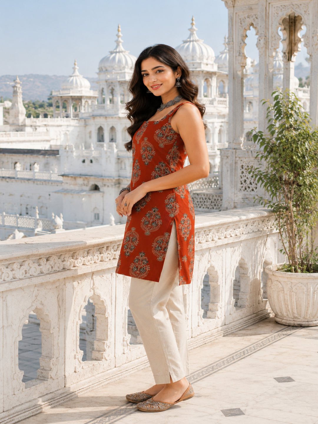 Ethnic Motifs Printed Square Neck Pure Cotton Kurti