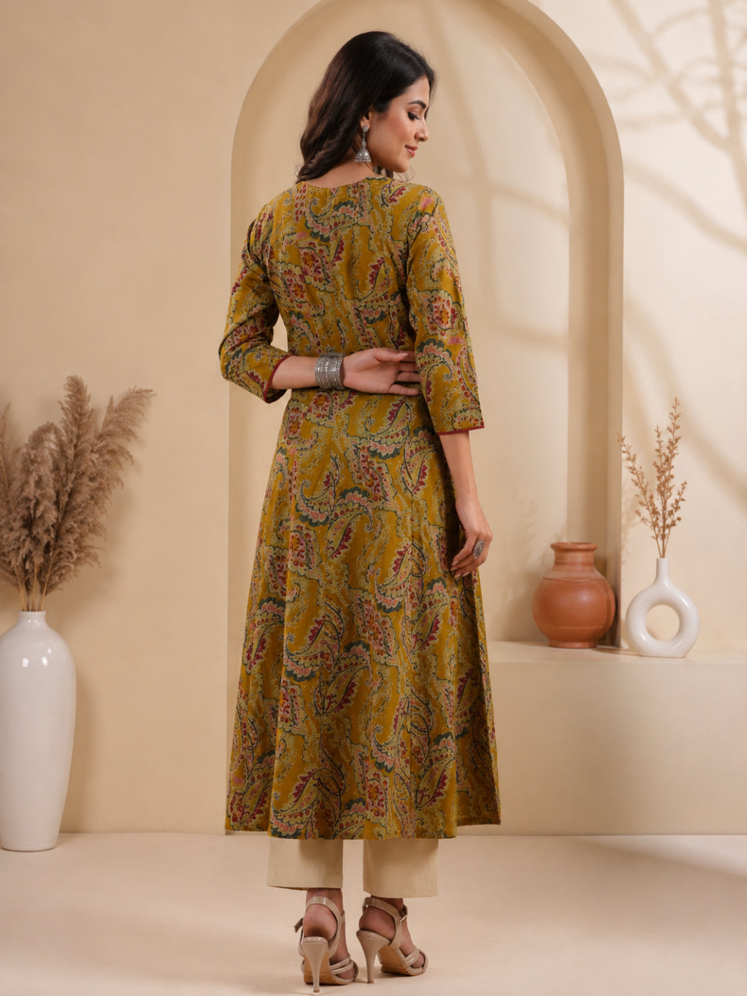 Women Ethnic Motif Printed V-Neck A-Line Cotton Kurta