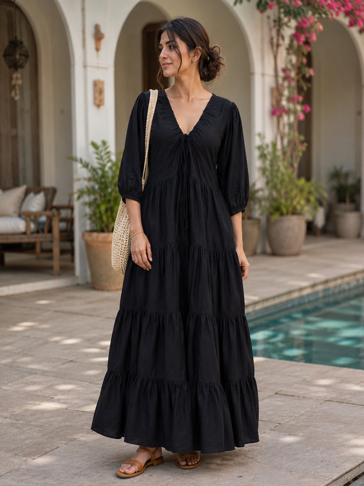 Puff Sleeve A-Line Maxi Dress