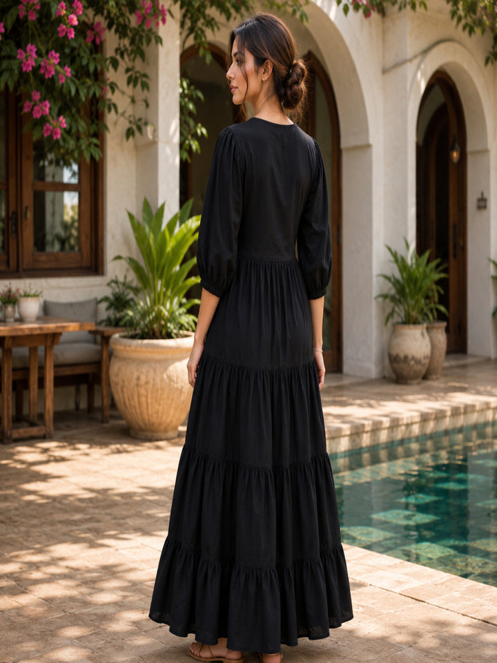 Puff Sleeve A-Line Maxi Dress