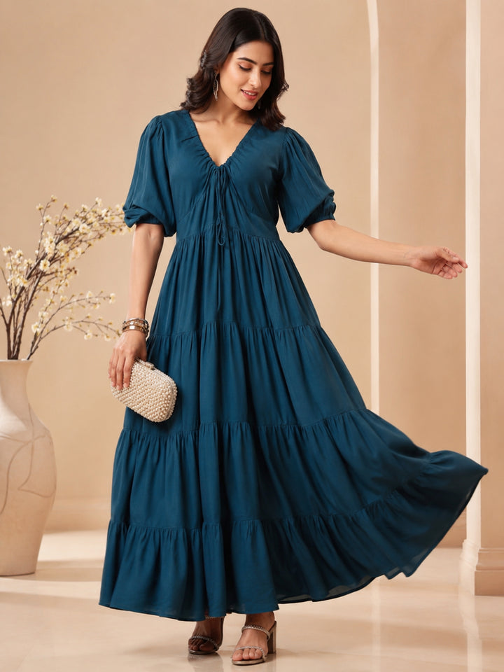 Puff Sleeve A-Line Maxi Dress