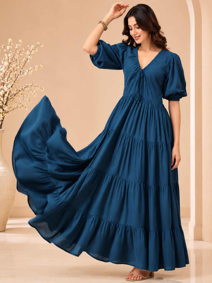 Puff Sleeve A-Line Maxi Dress