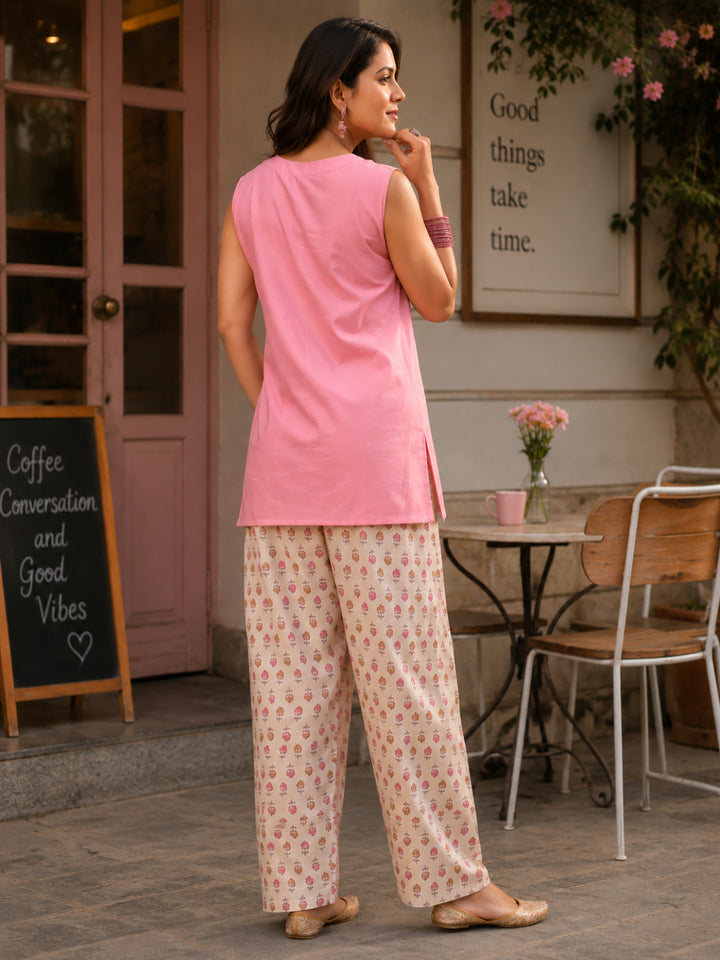 Solid Round- Neck  Sleevesless Pure Cotton Farshi Kurta Set