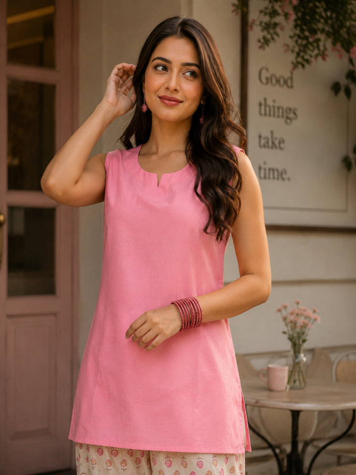 Solid Round- Neck  Sleevesless Pure Cotton Farshi Kurta Set