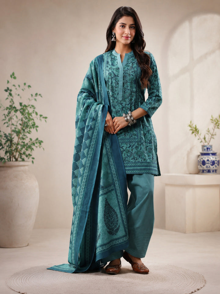 Cotton Printed Three-Quarter Sleeves Kurta Set With Dupatta