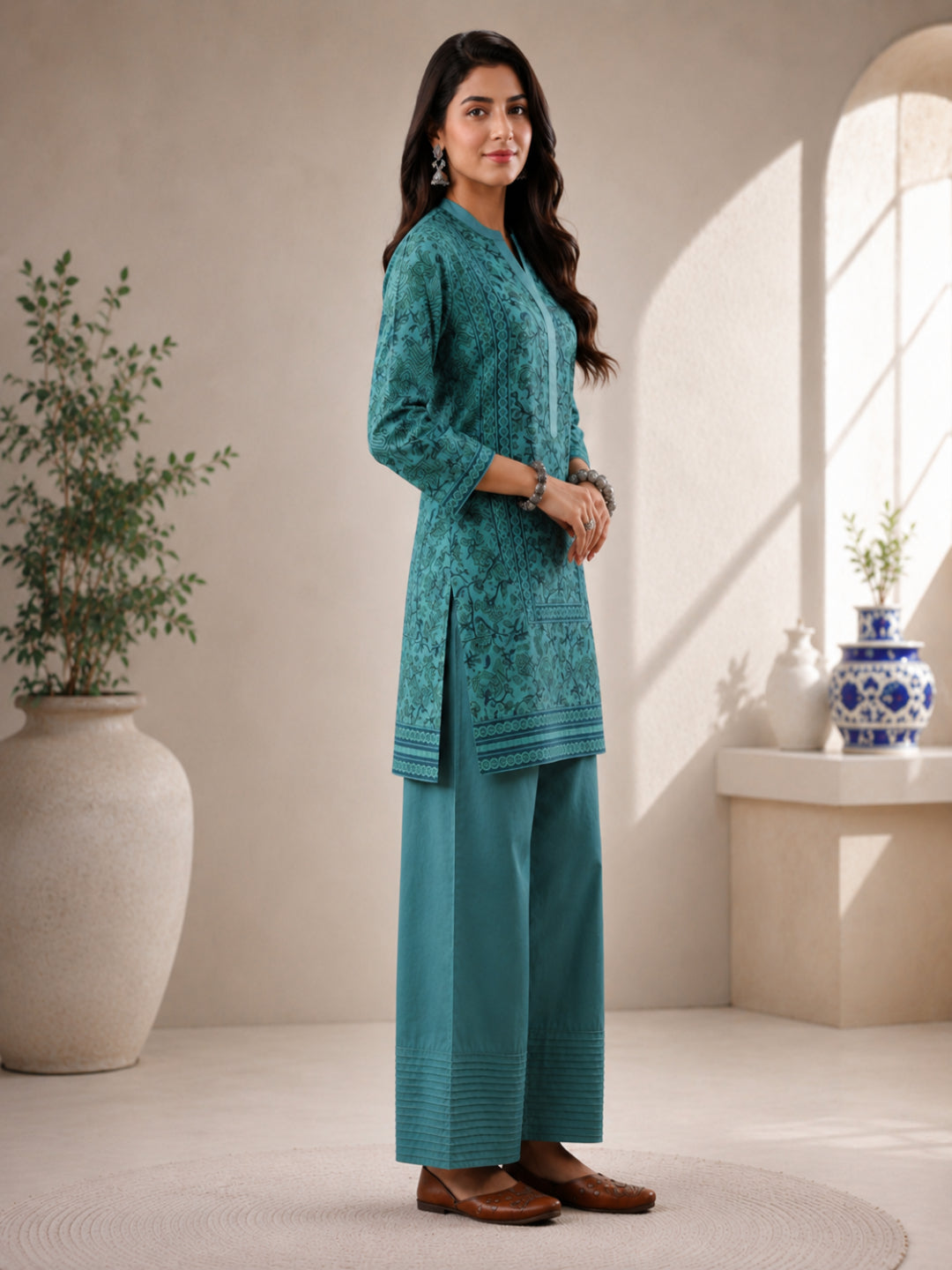 Cotton Printed Three-Quarter Sleeves Kurta Set With Dupatta