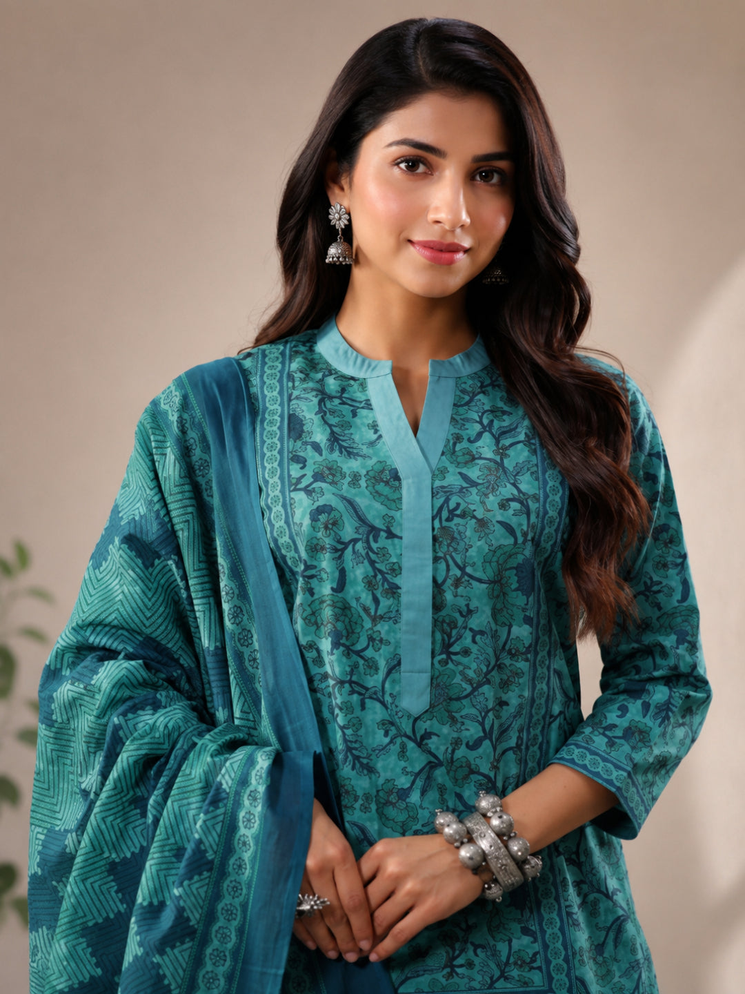 Cotton Printed Three-Quarter Sleeves Kurta Set With Dupatta