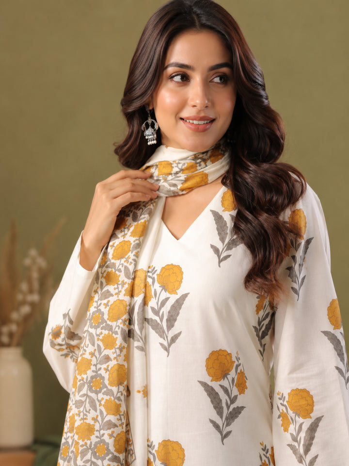Floral Printed V- Neck Long Sleeves Pure Cotton Farshi Kurta Set