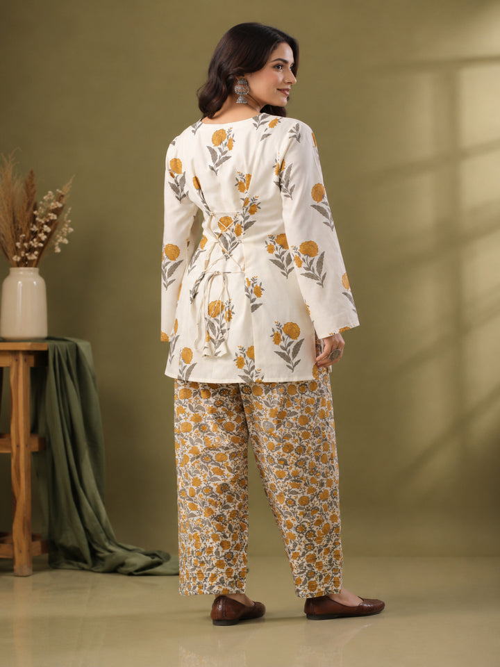 Floral Printed V- Neck Long Sleeves Pure Cotton Farshi Kurta Set