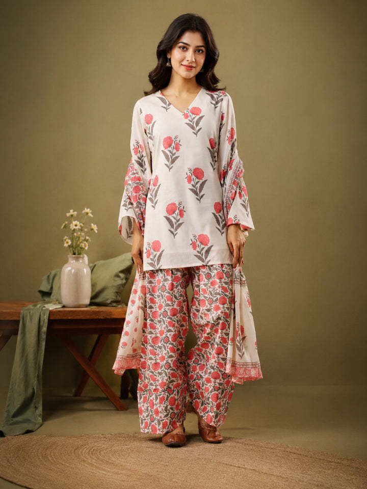 Floral Printed V- Neck Long Sleeves Pure Cotton Farshi Kurta Set