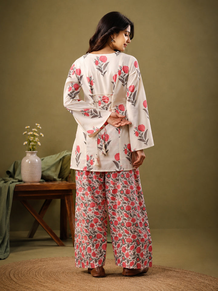 Floral Printed V- Neck Long Sleeves Pure Cotton Farshi Kurta Set