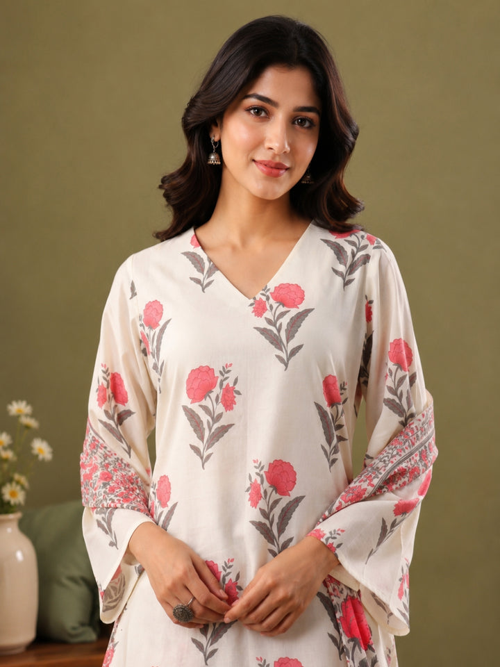Floral Printed V- Neck Long Sleeves Pure Cotton Farshi Kurta Set