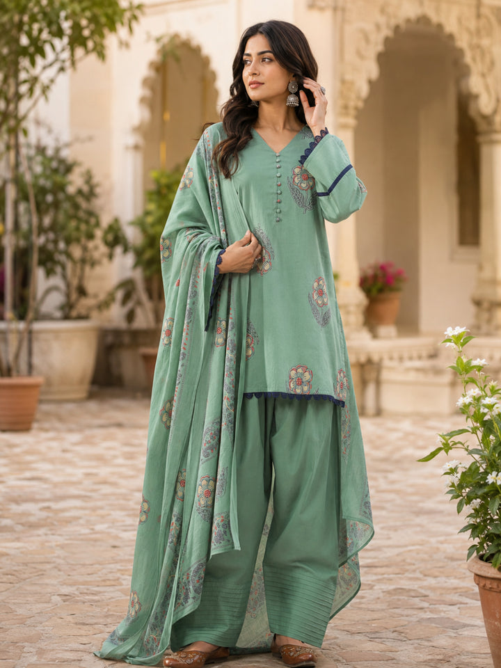 Floral Printed V- Neck Long Sleeves Pure Cotton Farshi Kurta Set