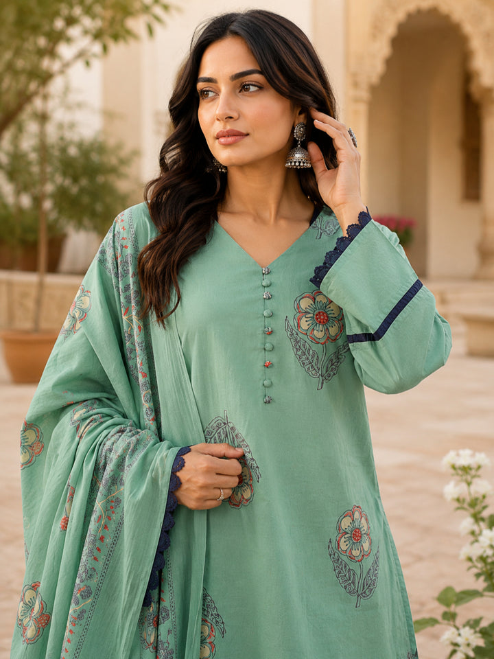 Floral Printed V- Neck Long Sleeves Pure Cotton Farshi Kurta Set
