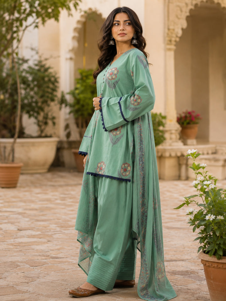 Floral Printed V- Neck Long Sleeves Pure Cotton Farshi Kurta Set