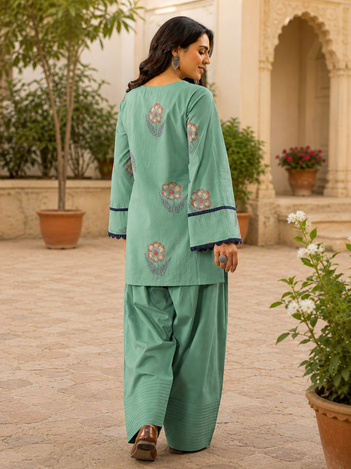 Floral Printed V- Neck Long Sleeves Pure Cotton Farshi Kurta Set