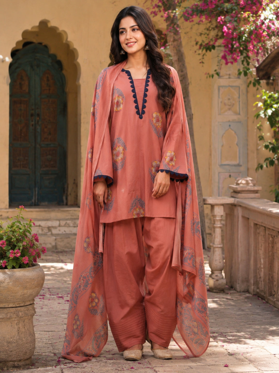 Floral Printed V- Neck Long Sleeves Pure Cotton Farshi Kurta Set