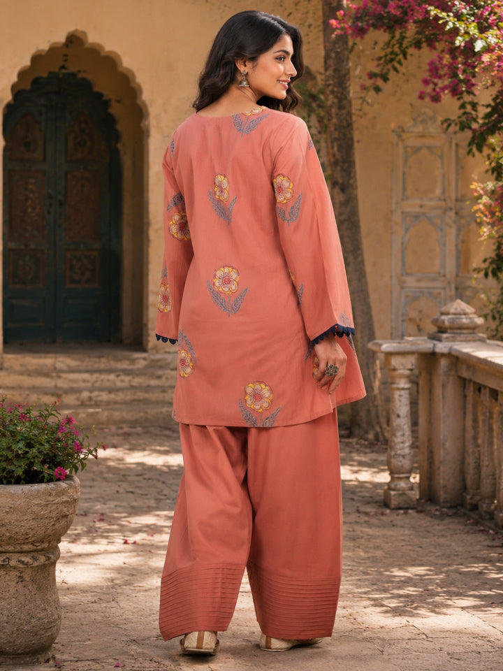 Floral Printed V- Neck Long Sleeves Pure Cotton Farshi Kurta Set