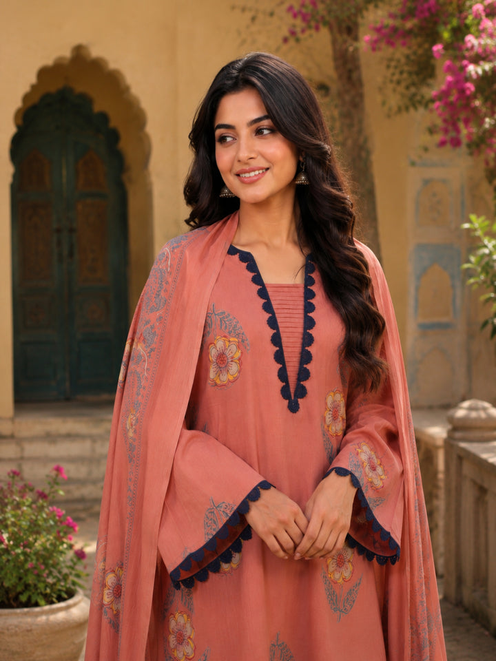 Floral Printed V- Neck Long Sleeves Pure Cotton Farshi Kurta Set