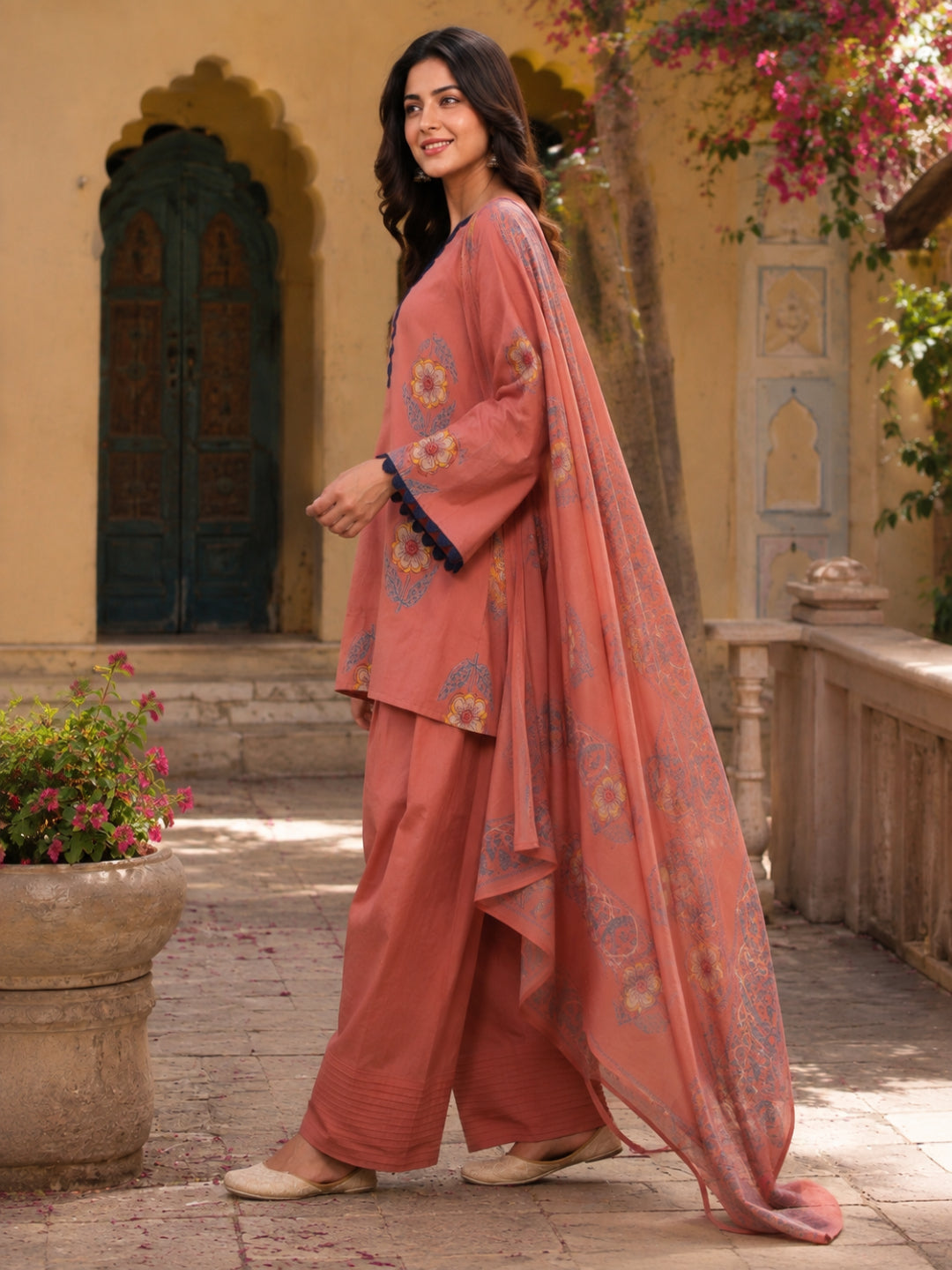 Floral Printed V- Neck Long Sleeves Pure Cotton Farshi Kurta Set
