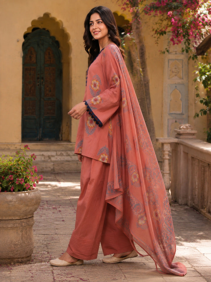 Floral Printed V- Neck Long Sleeves Pure Cotton Farshi Kurta Set