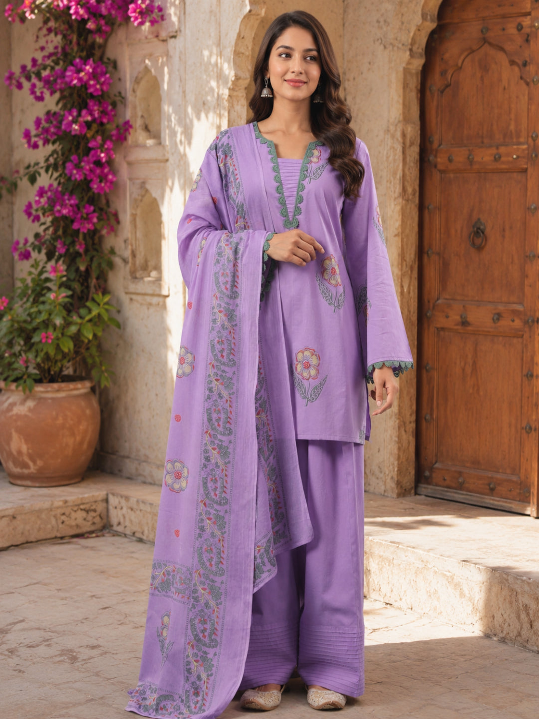 Printed V- Neck Long Sleeves Pure Cotton Farshi Kurta Set
