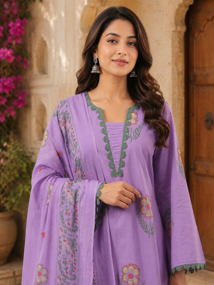 Printed V- Neck Long Sleeves Pure Cotton Farshi Kurta Set