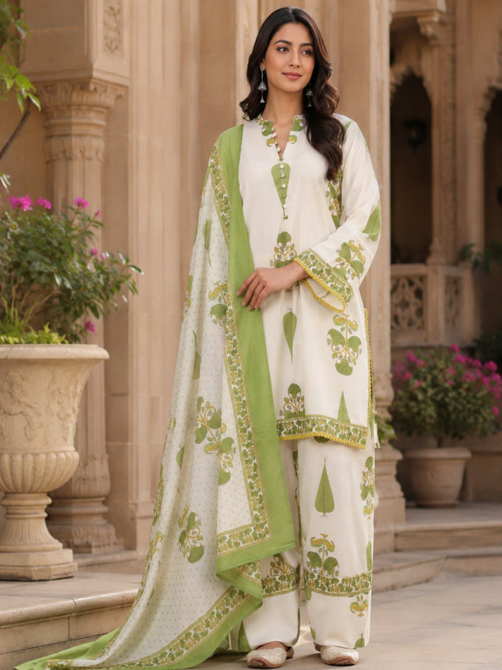 Floral Printed Mandarin Collar Neck Bell Sleeves Pure Cotton Kurta Set