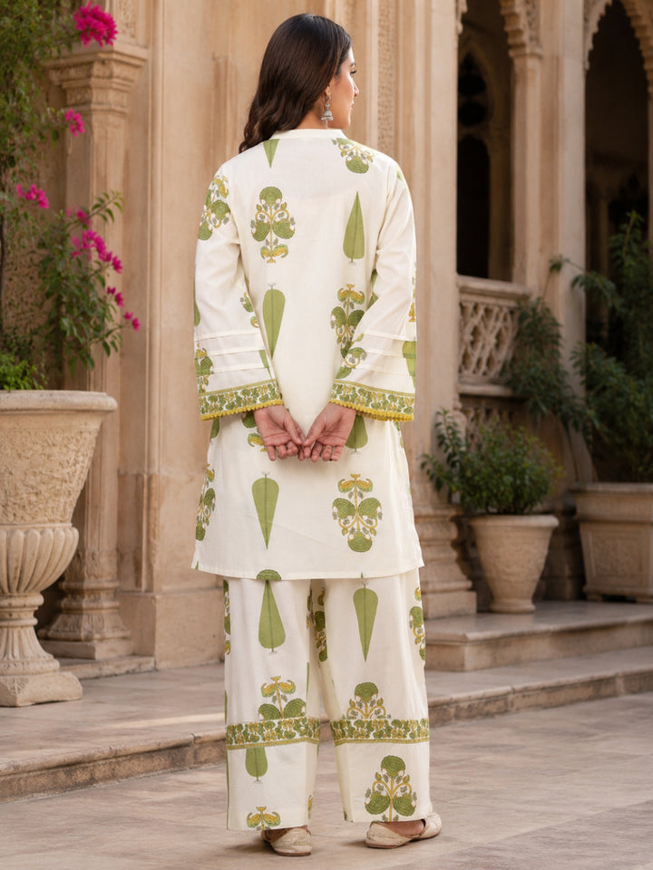 Floral Printed Mandarin Collar Neck Bell Sleeves Pure Cotton Kurta Set