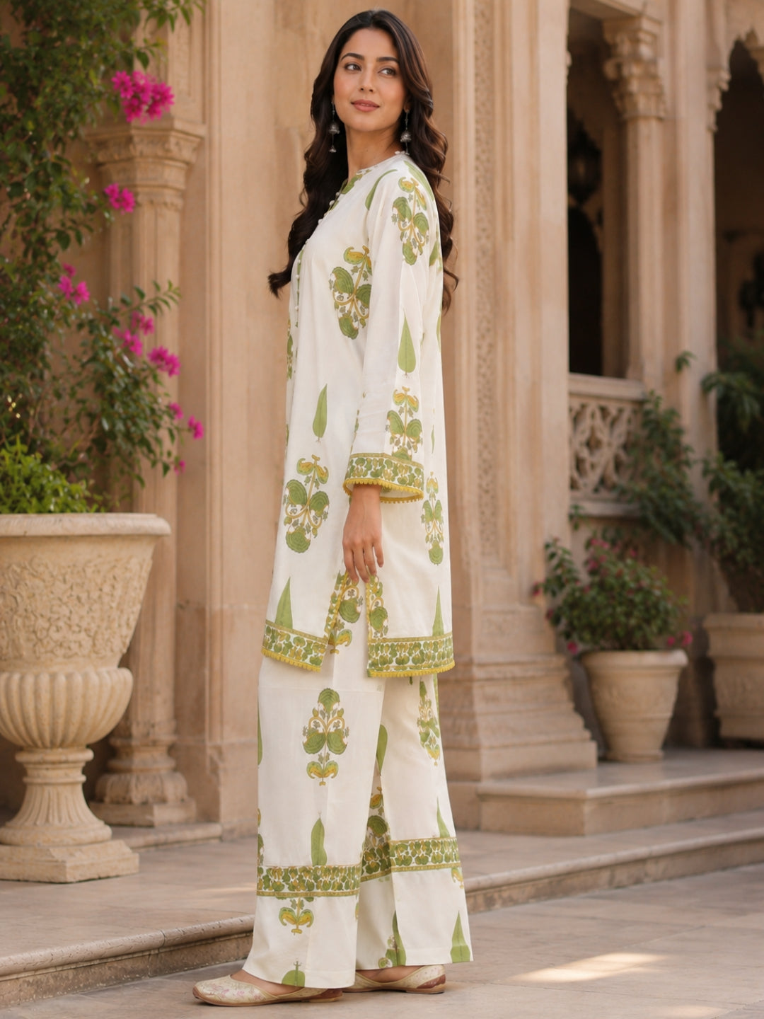 Floral Printed Mandarin Collar Neck Bell Sleeves Pure Cotton Kurta Set