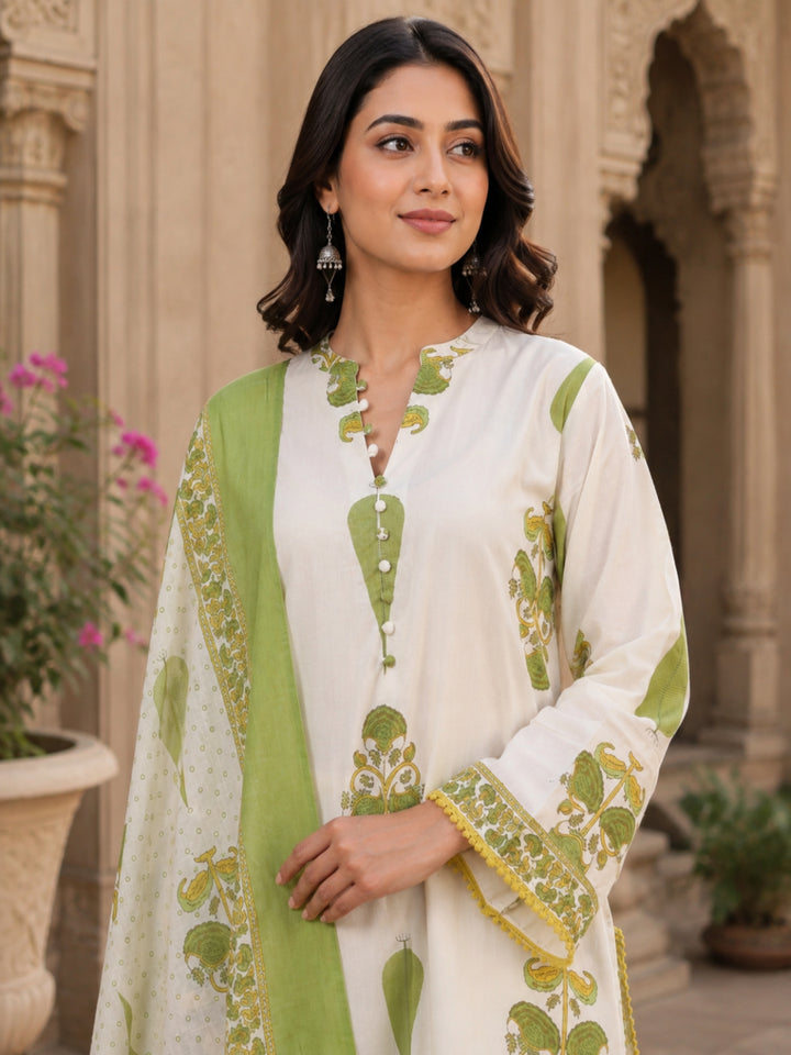 Floral Printed Mandarin Collar Neck Bell Sleeves Pure Cotton Kurta Set
